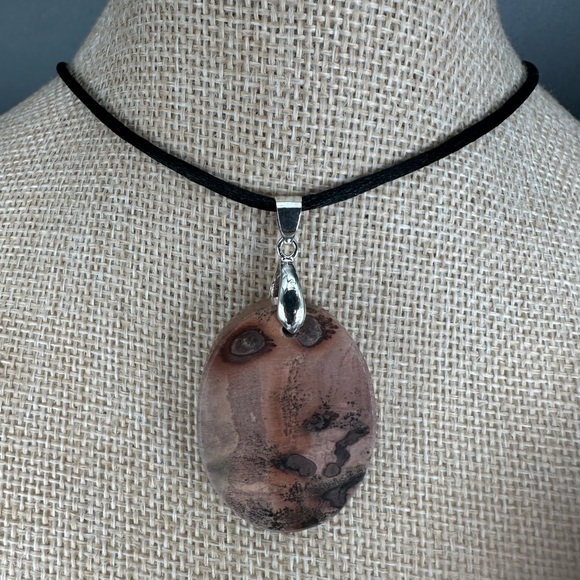 Oval Red Flower Picture Jasper Pendant on Black Satin Rope - Picture 11 of 13